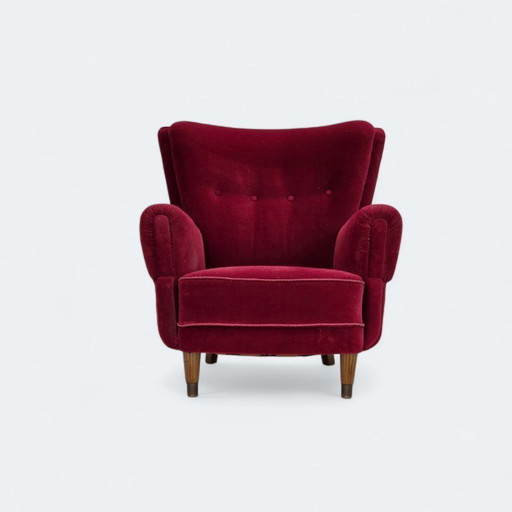 1960s, Danish armchair, cherry-red furniture velour, beech wood legs, reupholstered.