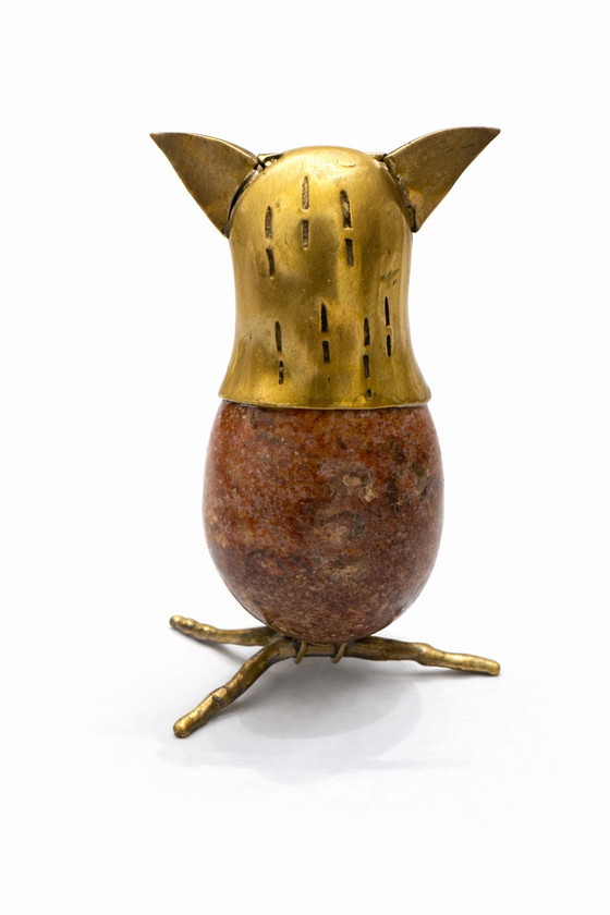 Image 1 of RARE Mid-Century Brass & Pink Natural Stone Owl Sculpture – Italy 1970s – Unique Piece