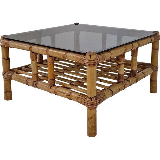 Mesa de centro vintage italiana de bambú con cristal ahumado, años 70