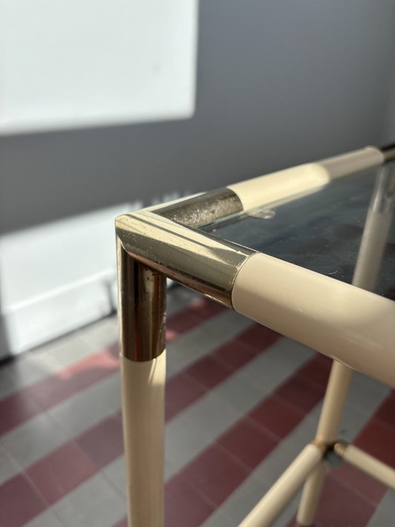 Image 1 of Vintage 1970s Italian Hollywood Regency Side Table by Banci Firenze – Cream & Brass Two-Tier Glass End Table