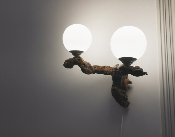 Image 1 of  Vintage Driftwood Wall Lamp Double Opaline Globe Sconce Vine Root Light Fixture Organic Brutalist Lighting Handmade Wall Light 