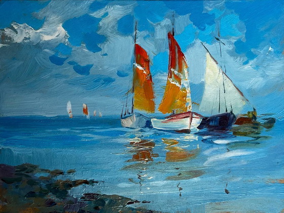 Image 1 of Peinture à l'huile originale représentant un paysage marin bleu « En voyage en mer »