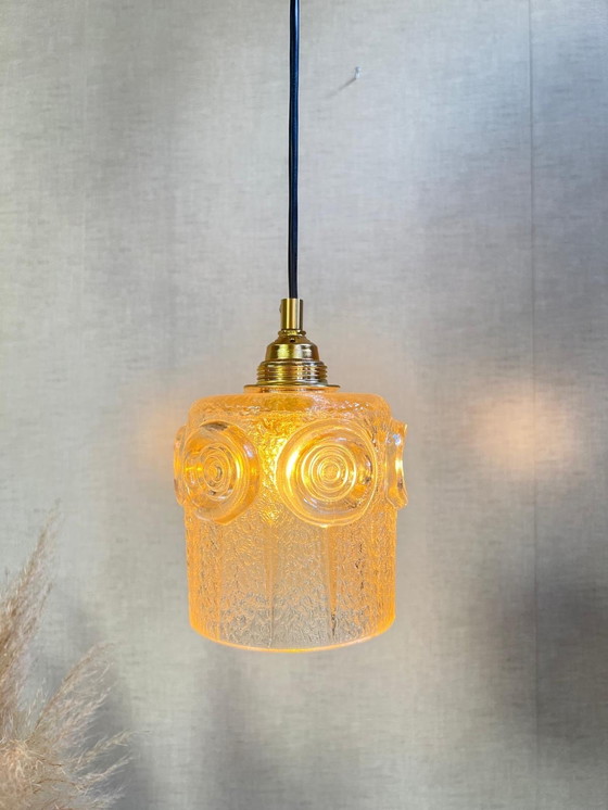 Image 1 of 1970 Lampe pendante en verre ambré, montage en or