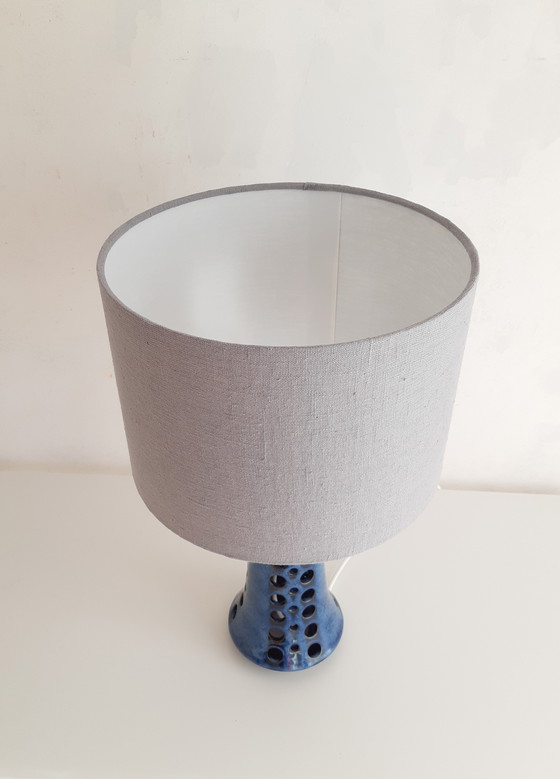 Image 1 of Beautiful Table Lamp With Blue Vintage Lamp Base By Michael Andersen, Scandinavian Design And Handmade Gray Blue Lampshade