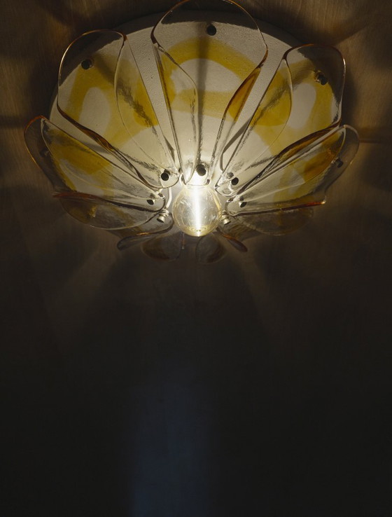 Image 1 of 1970s Amber Glass Petal Ceiling Light, Murano Style Flush Mount, Vintage Hand-Blown Mid Century MCM Lamp