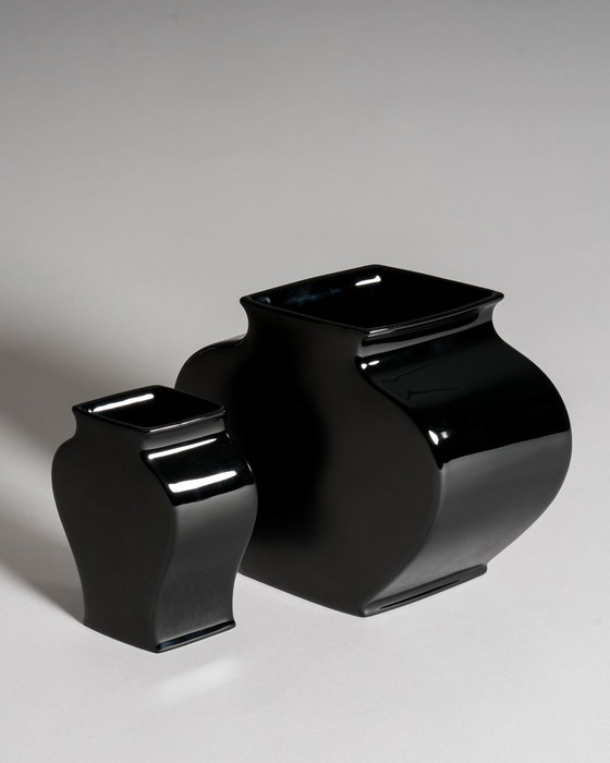Image 1 of Tadao Amano for Rosenthal Studio-Line “Sakura” Vase Pair in Porcelaine Noire — Matte & Glossy Black, 1980s Germany / Japan