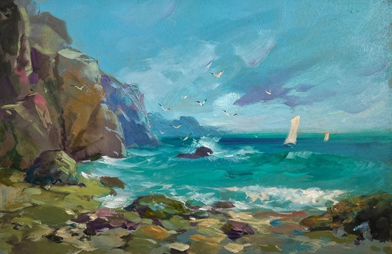 Image 1 of Original Oil Painting Coastal Sea Landscape Seagulls flying over the sea
