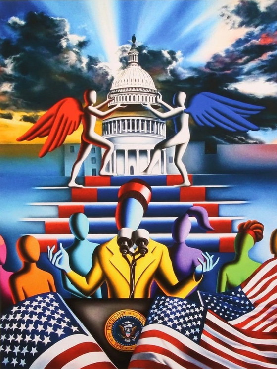 Image 1 of Mark Kostabi: "L'alba è nostra, 2022". Giclée su velluto Hahnemühle.