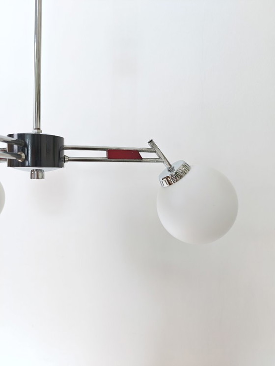 Image 1 of Vintage Chandelier with Opal Glass Globes / Mid Century Modern 3-Arm Pendant Light / Chrome Retro Ceiling Lamp 1960s