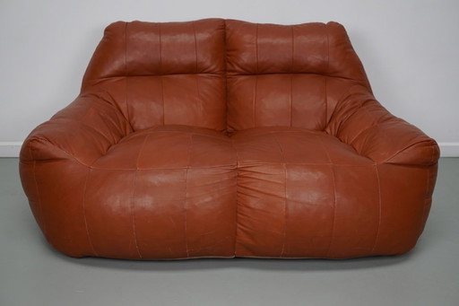 Vintage patchwork leather 2-seater beanbag/sofa, in the style of De Sede