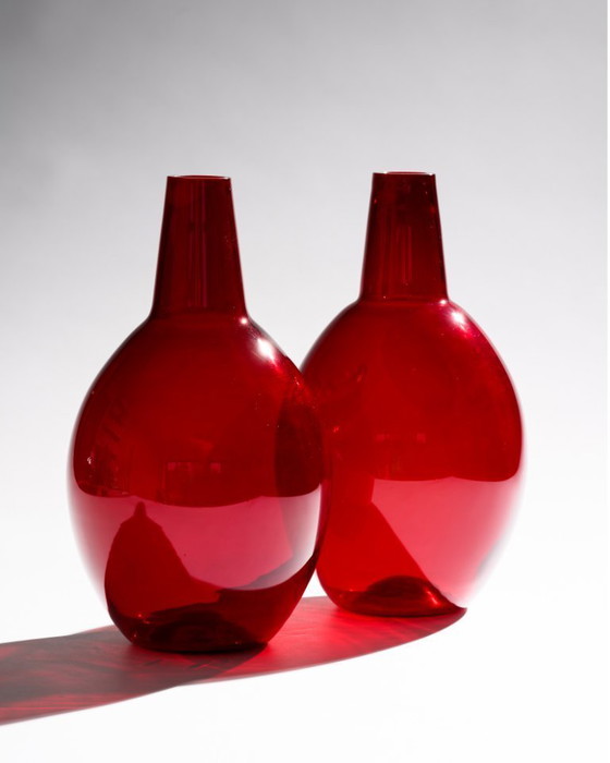 Image 1 of Hirschberg “Kalabasse” Ruby Red Sculptural Glass Vase Duo Wilhelm Braun-Feldweg