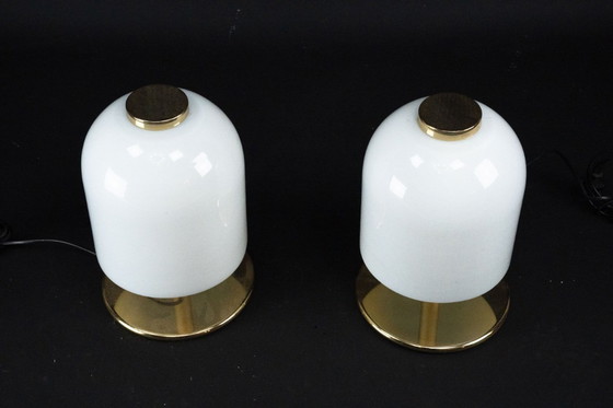Image 1 of Pair of 1980s Italian Murano Lattimo Glass Mushroom Bedside Lamps