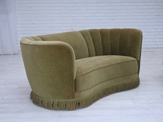 Image 1 of 1960s, Danish 2-seater "Banana" sofa, original green furniture velour.