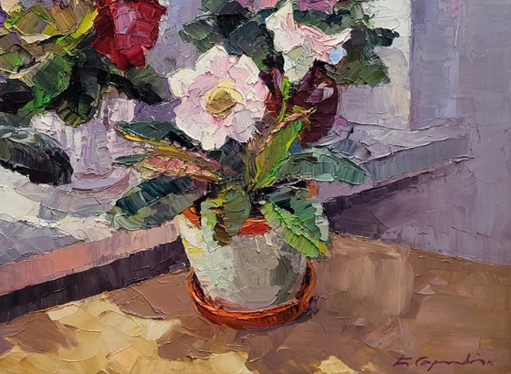 Original Oil Painting Floral Still Life Flowers on the Window Gloxinia in a Vase – Paintings & Drawings (photo 7 of 7)