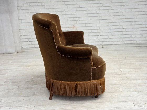 Image 1 of Deense tweezitsbank uit de jaren 60, origineel groen meubelvelours.