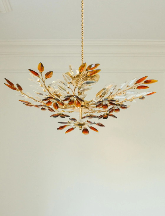 Large Amber Crystal Flower Chandelier, Maison Baguès Style, 8-Light, 1970s – Glass, Mid Century Modern (photo 10 of 10)