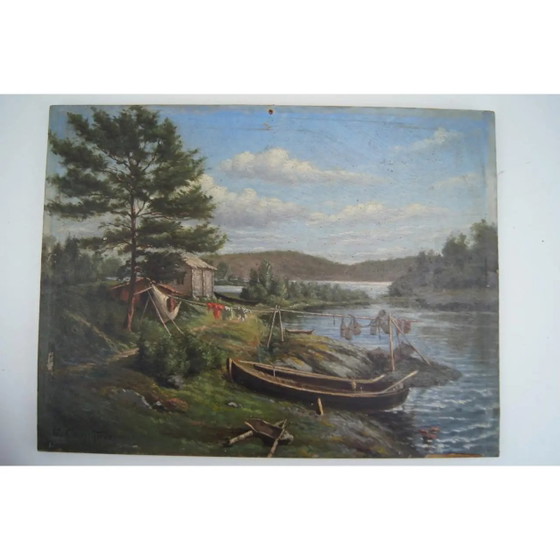 Spätes 19. Jahrhundert "Trapper's Refuge at the Water's Edge" Landschaftsölgemälde von Georges Caminade (photo 11 of 11)
