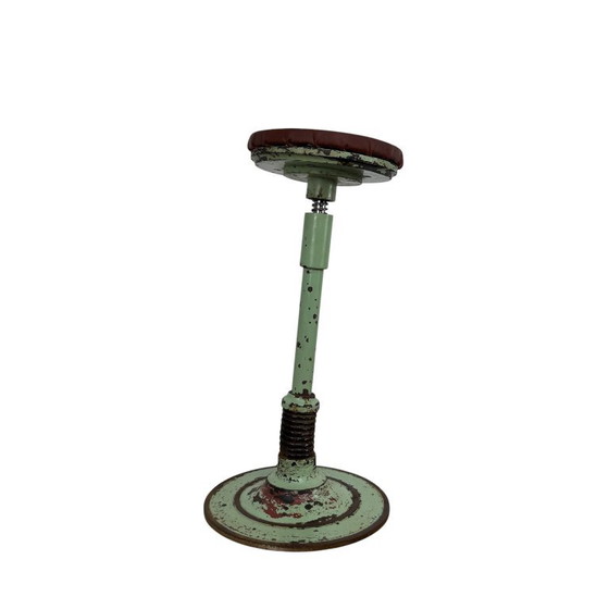 Adjustable stool, mint green metal and brown leather, Vintage (photo 4 of 13)