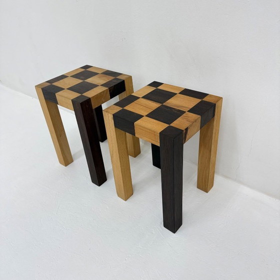 Image 1 of Set of 2 vintage wooden side tables, brown and light wood