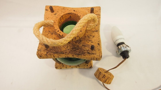 Image 1 of Franse Mid-Century Nautische Lantaarn Tafellamp, Mediterraan Kurk & Gerookt Glas, Jaren 60 Kustontwerp, Vintage Zeedecoratie