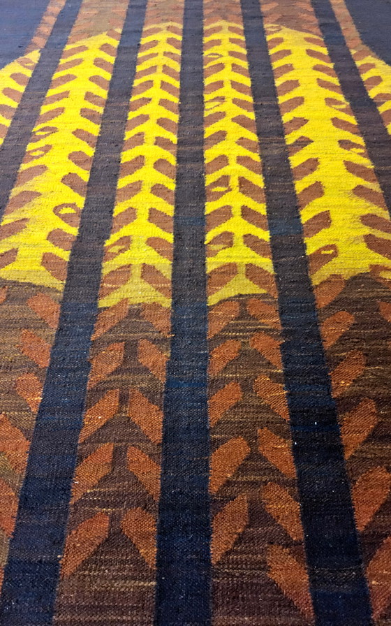 Image 1 of Vintage wollen Design Kilim Tapijt Maria Janowska (Zachód) zonsondergang (Poolse kunst)