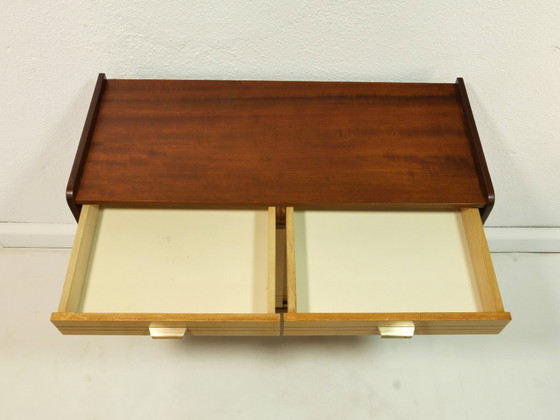 Image 1 of Vintage 1960s shoe cabinet, mid-century shoe chest, mahogany & birch, sliding doors, Germany
