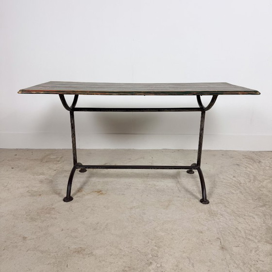 French Bistro table with green painted wooden top, Consoles, Metal, Rustic (photo 4 of 12)