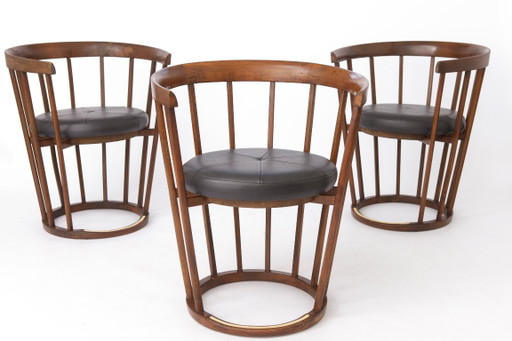 Set van 4 vintage fauteuils in tonvorm, jaren 70, Duitse beukenhouten eetkamerstoelen, zwart kunstleer, (photo 2 of 12)