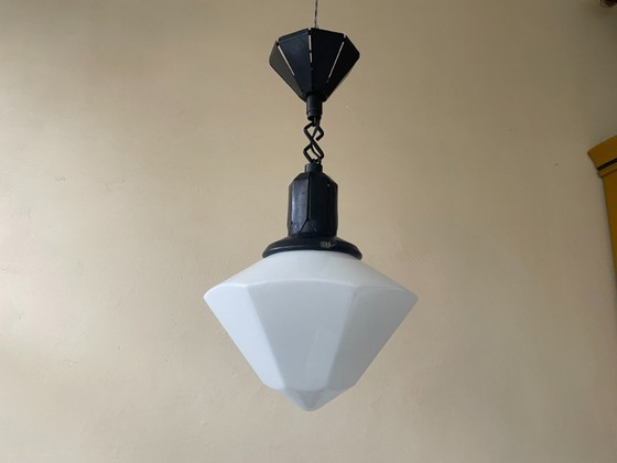 Lamp Pendant lamp Art Deco Bauhaus Opaline French – Glass, Iron (photo 10 of 11)