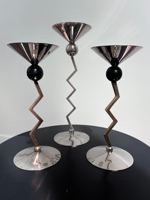Set of three Zig-Zag vintage candle holders | Italy | 80s Memphis Milano inspired, postmodern Italian Design, Metal