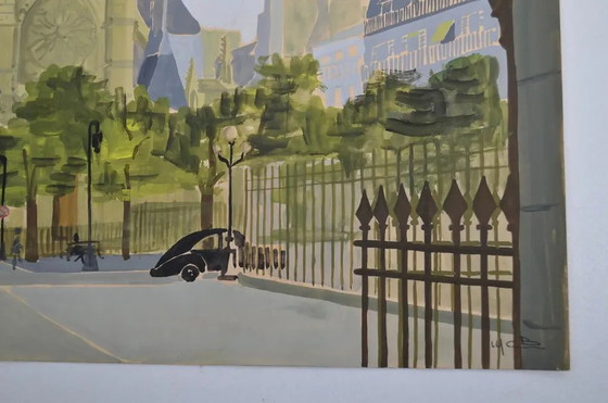 Französische Schule des 20. Jahrhunderts "Paris - Blick auf St Germain L'Auxerrois" Gouache Monogrammiert, (photo 2 of 11)