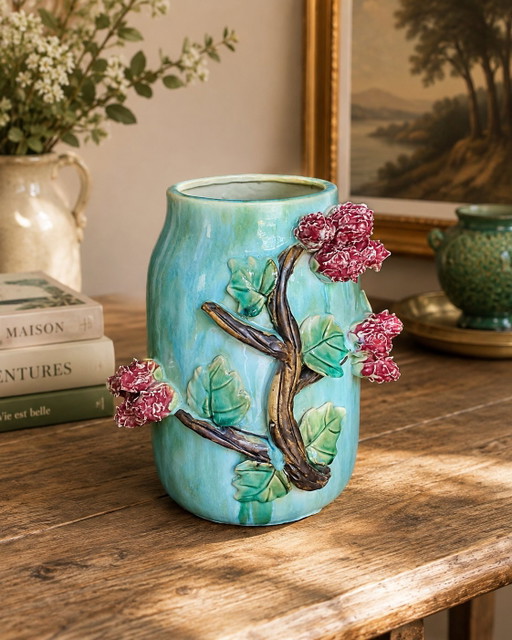 Vase en céramique turquoise à relief floral Athezza