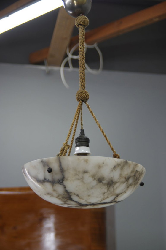 Art Deco Alabaster Pendant Light, Hand-Carved, 1920s, Chandeliers, Stone, Brown (photo 14 of 15)