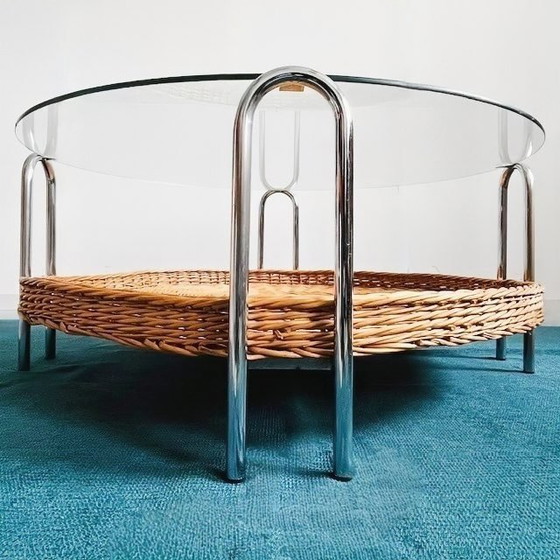 Image 1 of Vintage mid-century retro design salontafel rotan chroom glas riet 1970's