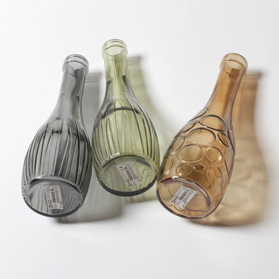 Image 1 of Set of 3 Grey, Green and Amber Glass Vases / Colored Bottles or Flower Vases / Ikea / 2000s