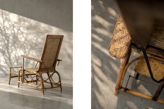 Image 1 of Sillón alemán antiguo de ratán con reposapiés extensible, de la década de 1930.