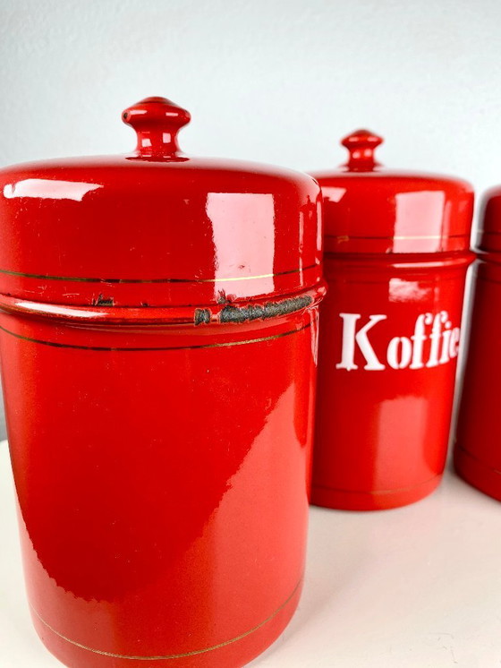Image 1 of Vintage Red Kitchen Canisters for Tea, Sugar & Coffee  – Dutch Retro Enamel Kitchen Storage Tins – Old European Kitchen Storage 