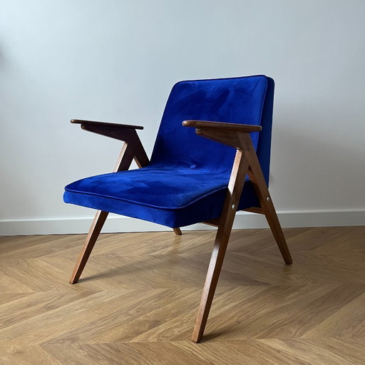 Mid Century Modern Blue Velvet Armchair Restored, Vintage Chierowski Lounge Chair, Polish Wooden Frame Accent Chair