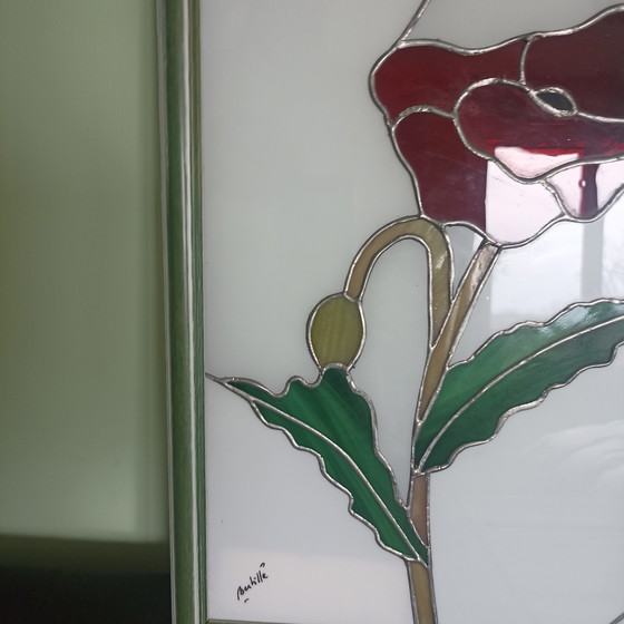 Image 1 of Pannello in vetro colorato francese unico (Pièce Unique) – Design papavero con illuminazione d'atmosfera