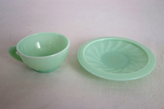 Image 1 of 10 almond green opaline cups and saucers from the 50s