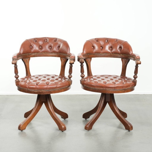 2 x Swivel English Style Cowhide Leather Chesterfield Office Chairs in a Beautiful Brown Color