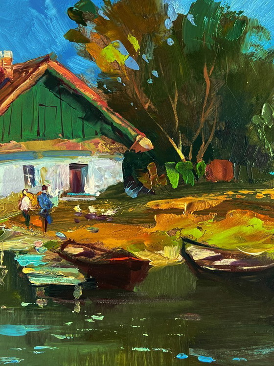 Image 1 of Origineel olieverfschilderij: Landelijk landschap, rivierboten bij het huis.