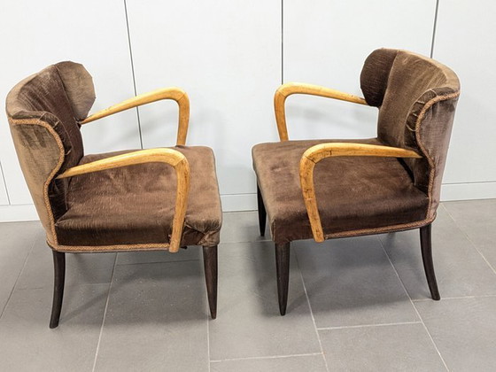 Image 1 of Paire de fauteuils, années 1940, bois, tissu