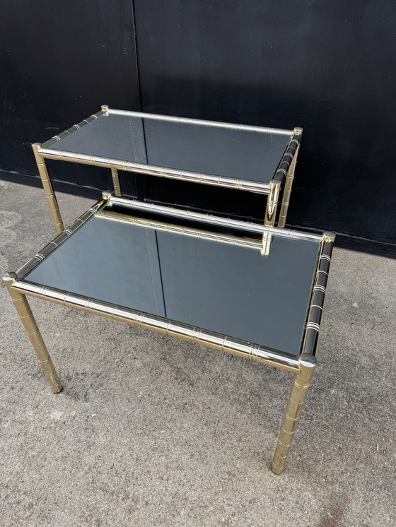Image 1 of Nesting tables in gold-tone metal, bamboo, and mirror, 1970s style
