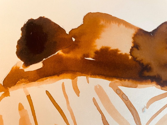 Image 1 of Aquarelle monochrome couleur tabac portrait féminin « sieste au Kenya »