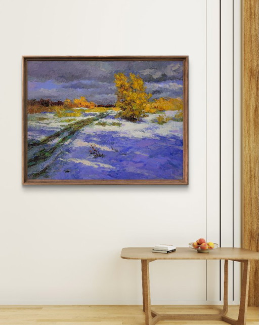 Original Oil Painting Winter Landscape Nature Unexpected Snow – schilderijen tekeningen, Canvas (photo 2 of 7)