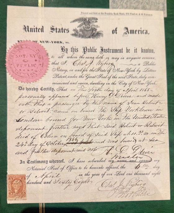 Documento notarile storico da New York, 1868, Oggetti decorativi, Carta, Crema, Vintage (foto 4 di 6)