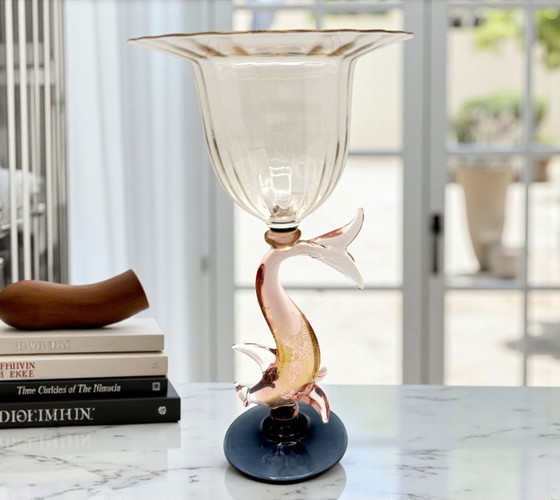 Image 1 of Murano - Artistic chalice - Blown glass with pink dolphin stem and blue base, signed