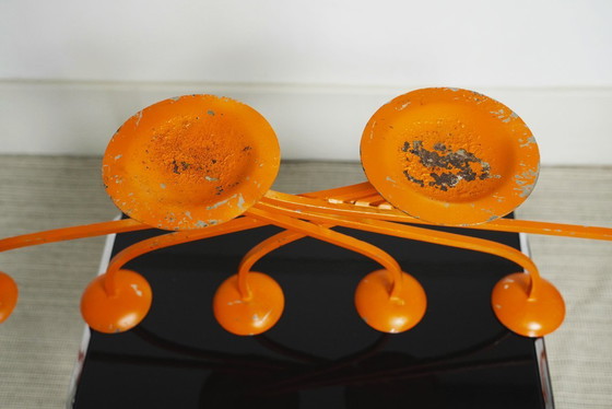Image 1 of  1970s Orange Candelabra Large Metal Sculptural Mid Century Retro Candle Holder Space Age Statement Centrepiece 