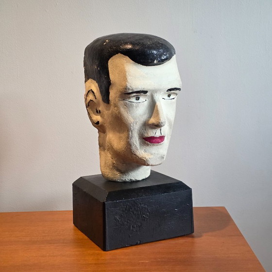 Image 1 of Testa in gesso vintage su base di cemento – oggetto scultoreo – circa 39 cm di altezza - busto vintage